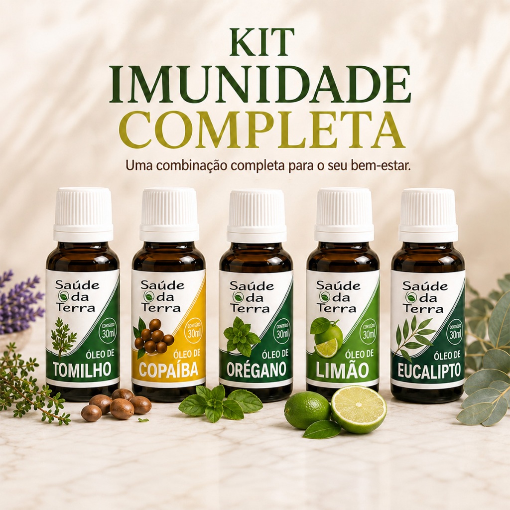 Kit 5 Óleos Naturais Imunidade Completa 30ml Copaíba Orégano Tomilho Eucalipto Limão