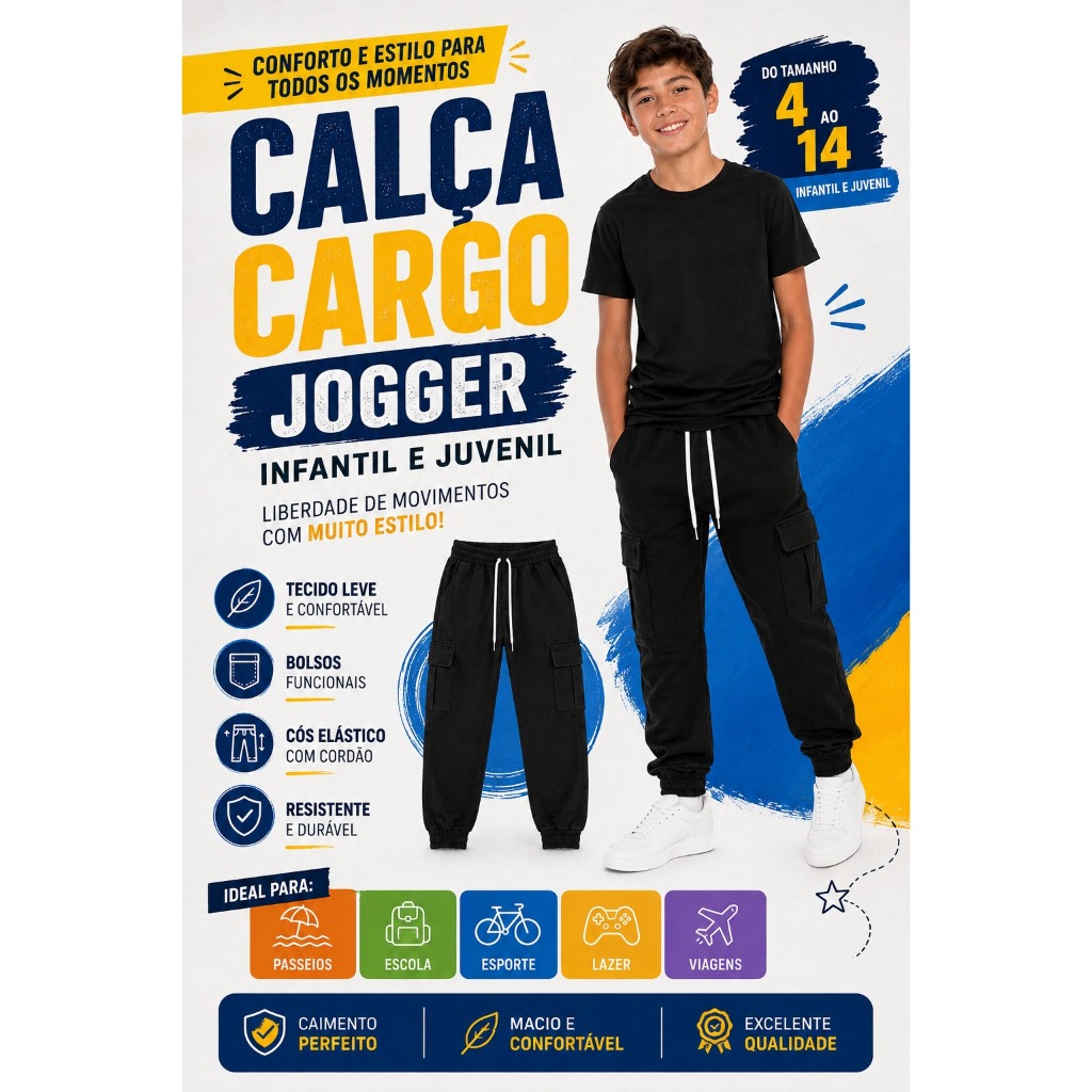 Calça Cargo Infantil juvenil menino Masculina Jogger com Bolsos Confortável