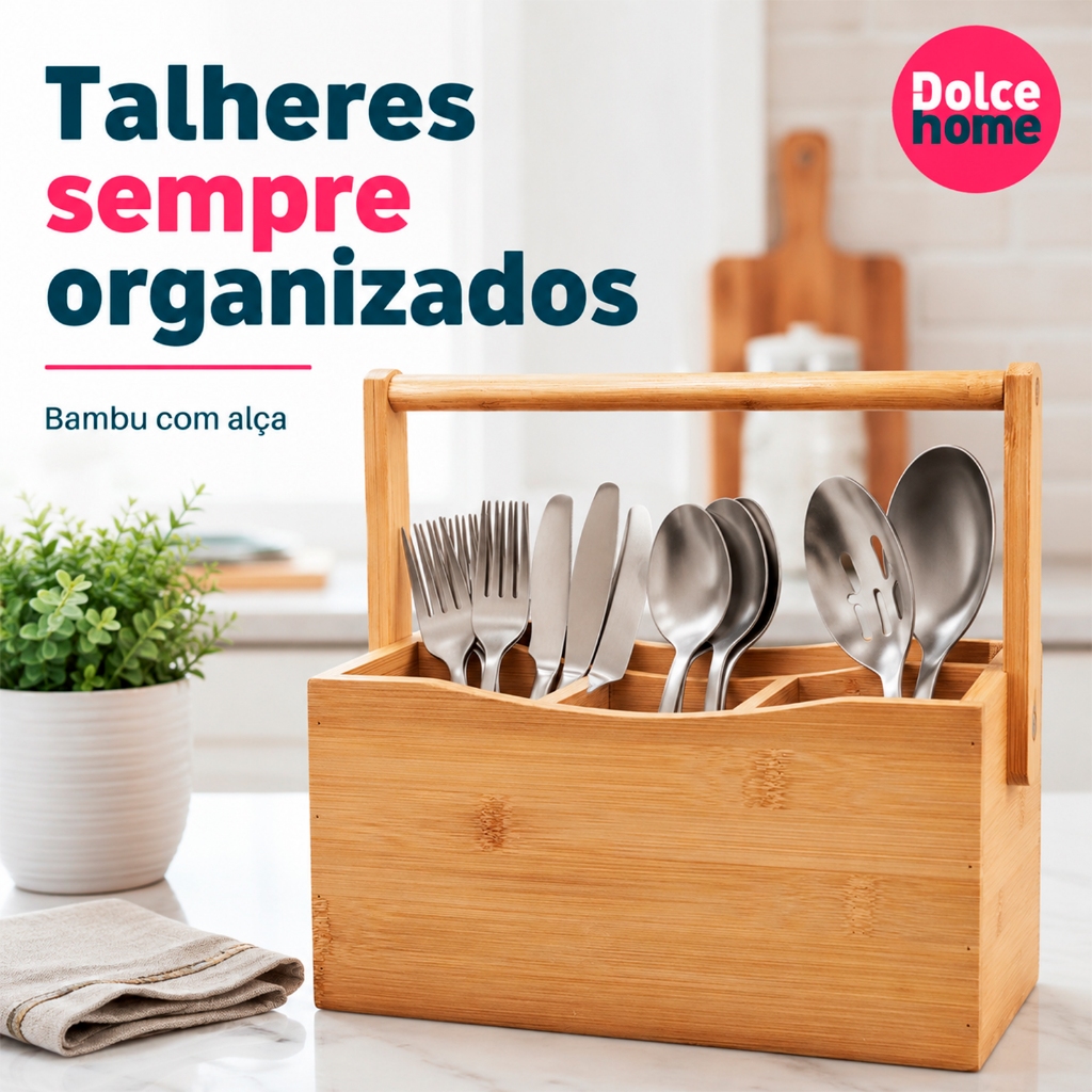 Porta Talheres Vertical Bambu Organizador Com Alça Para Cozinha
