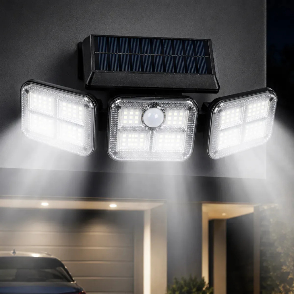 Holofote Solar Com 3 Cabeça Sensor De Presença 122 Led Luminaria Para Area Externa Jardim Varanda