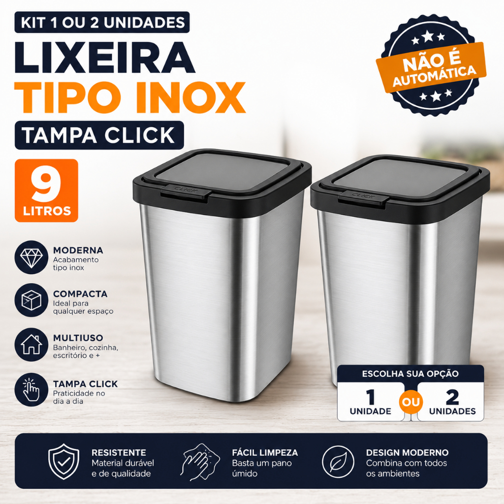 Kit 1 ou 2 Lixeiras Tipo Inox 9L Tampa Click Banheiro Cozinha Escritório Multiuso Premium