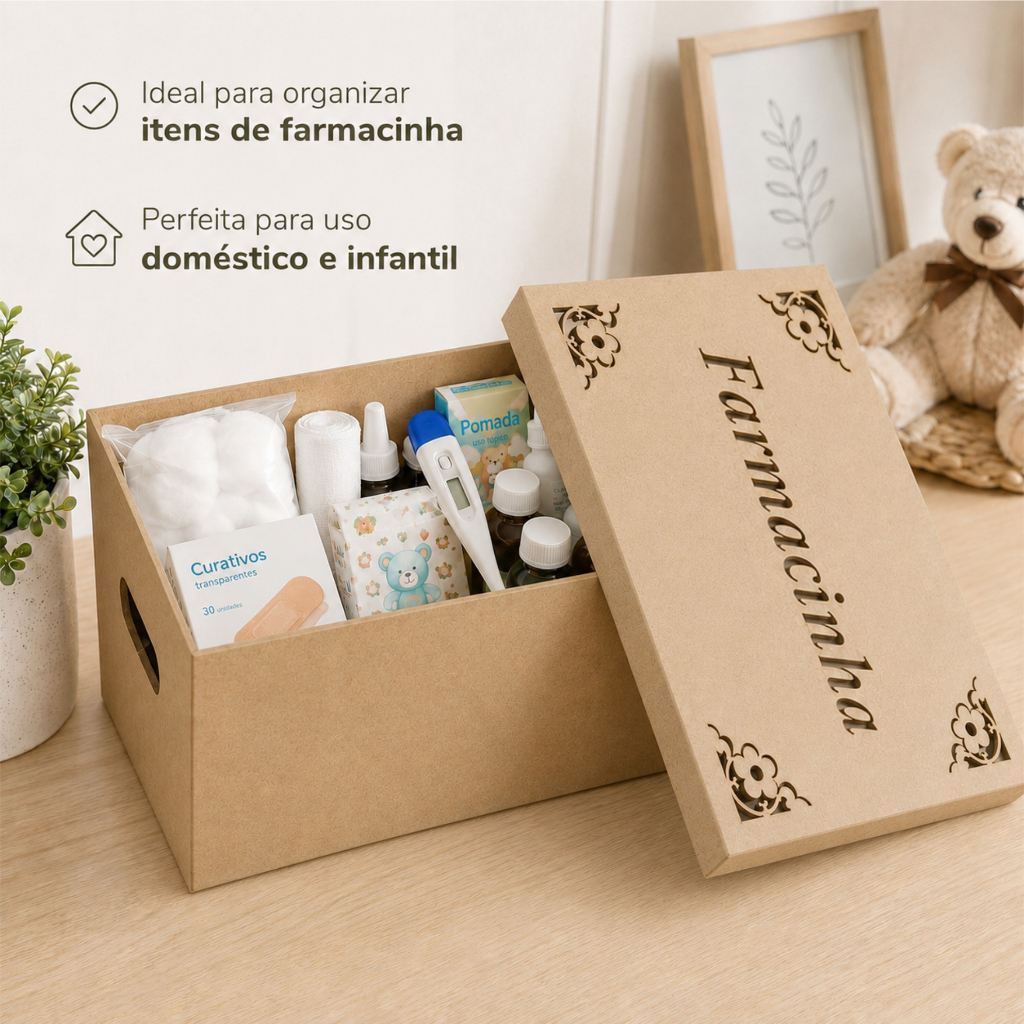 Caixa Organizadora Farmacinha vazada floral - MDF - Com Alça, porta Medicamentos, Primeiros Socorros