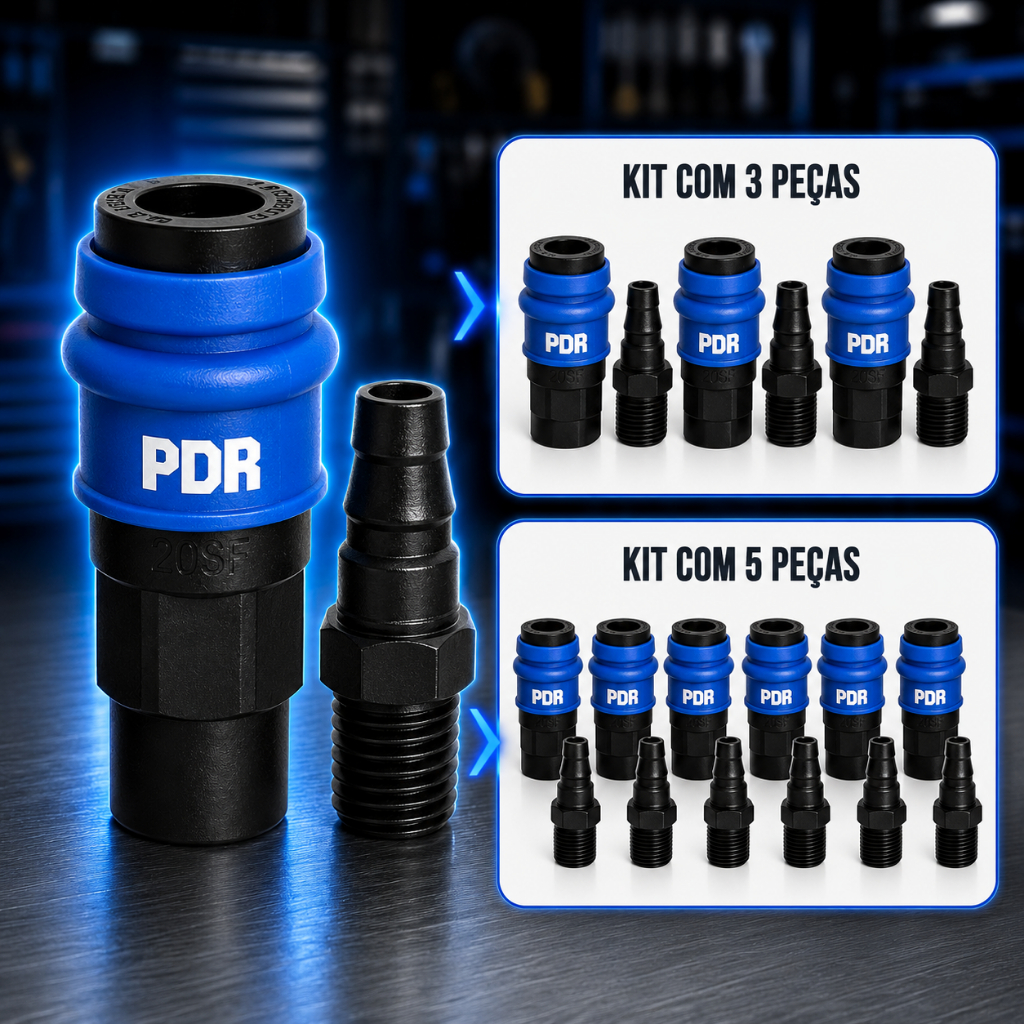 Jogo de Conjunto Pneumático Pino Engate Rápido Macho + Conector Rosca Fêmea1/4" PDR SF20P+PM20P - 1un/3un/5un