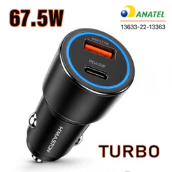 Carregador Veicular 67,5W USB-C PD + USB-A QC 3.0 Carregamento Rápido para Carro 12V/24V