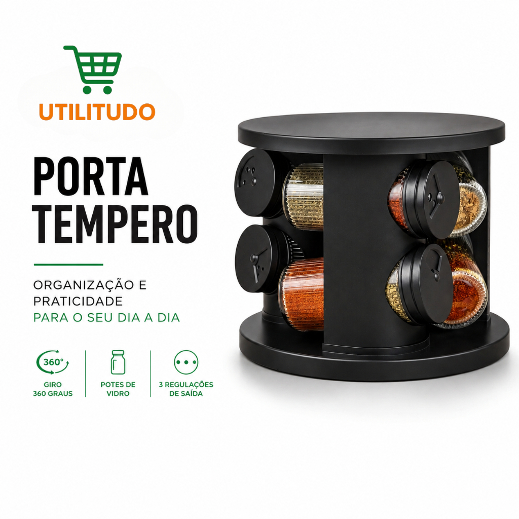 Porta Temperos Giratório 360° com 6 Potes de Vidro 85ml  Organizador de Cozinha com Tampa Dosadora