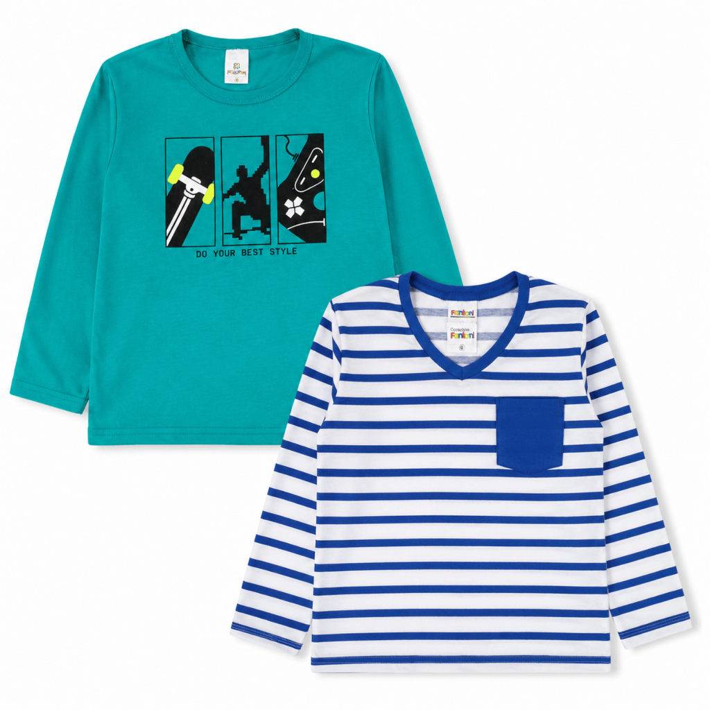 Kit 2 Camisetas Manga Longa Infantil Menino – Estampadas/Listradas | Envio Sortido