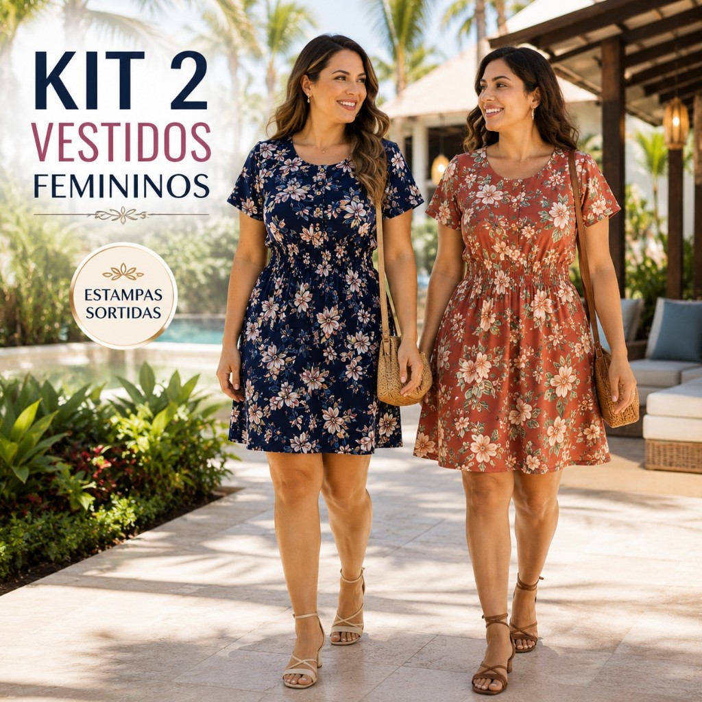 Kit 2 Vestidos Manga Curta Elastex Viscolicra Na Cintura e Botões Estampa Floral Sortida