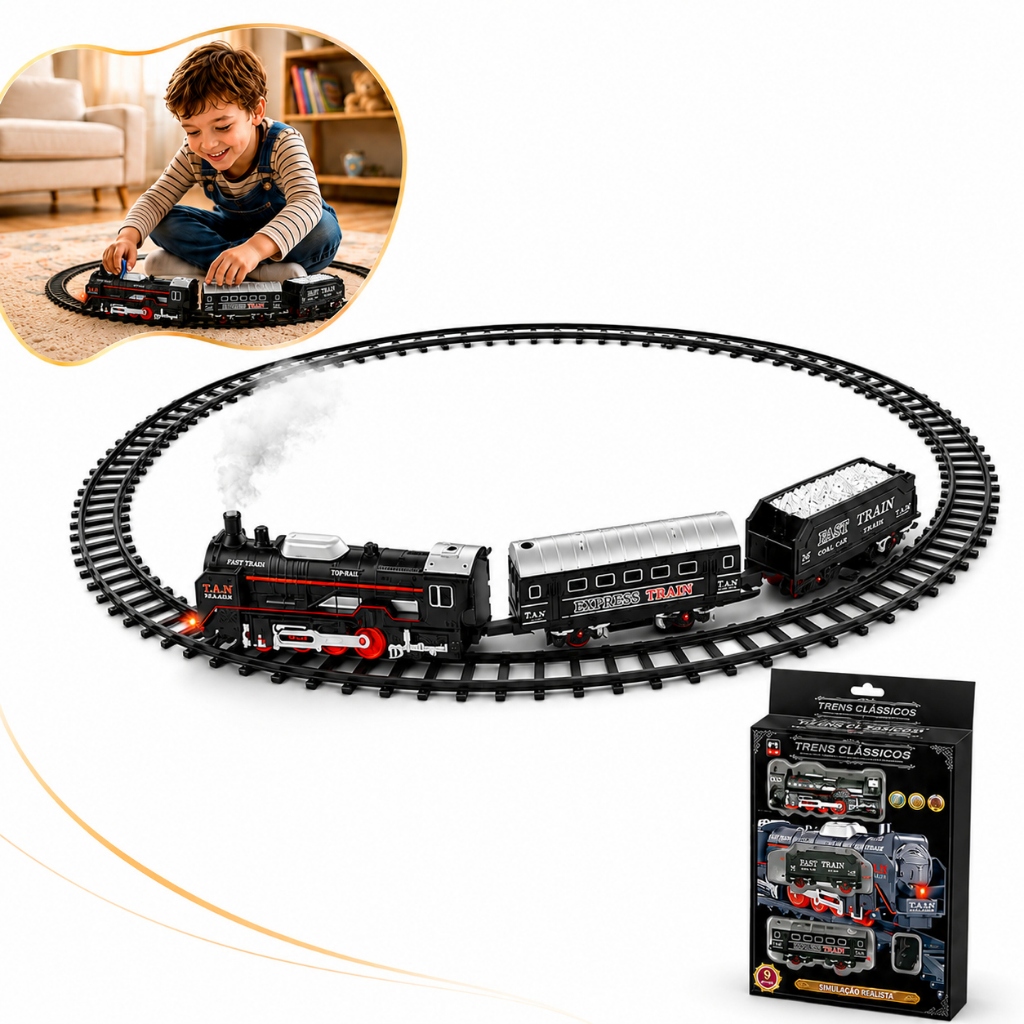 Trem Brinquedo Ferrorama Classic Train Locomotiva Vagões Elétrico Luz Som Classica Trilhos Kizumba