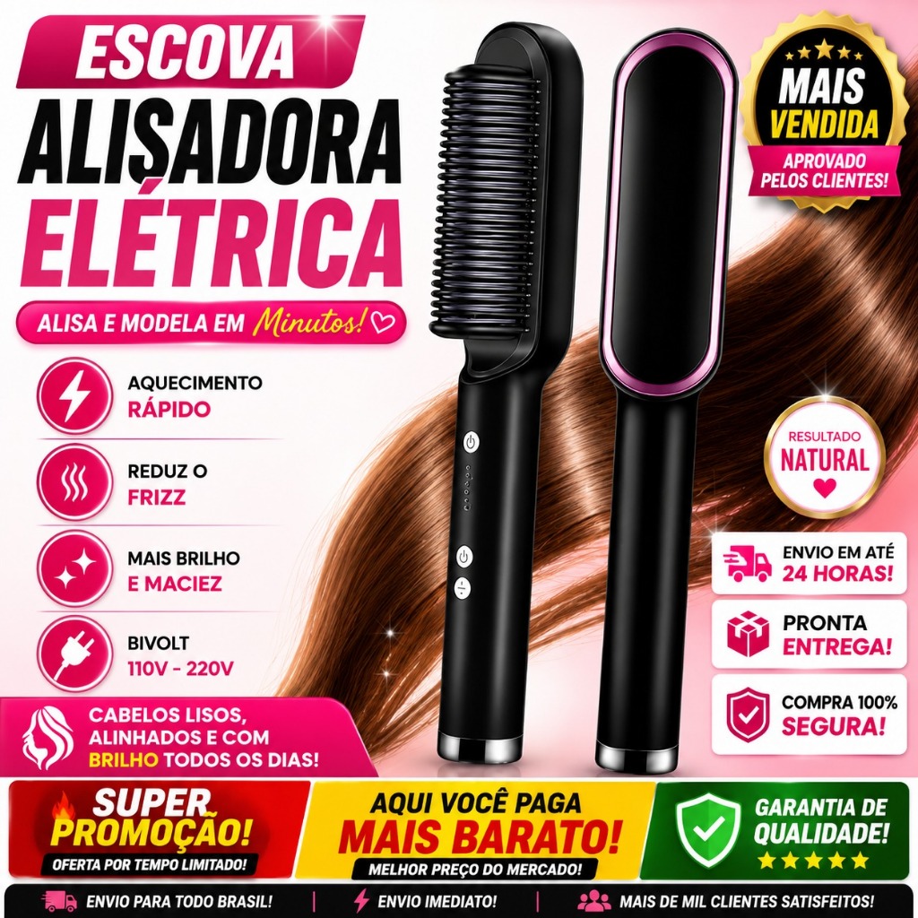 Escova Alisadora De Cabelo Elétrica Bivolt, Alisa, Hidrata, Modela, Alinha e Anti Frizz cor diversa