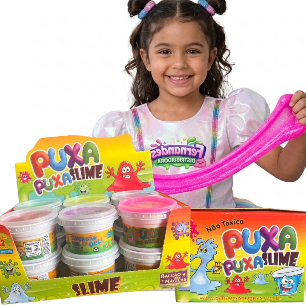 Caixa de Slime Leleca Puxa Puxa 125g com 12 UNIDADES - brinquedo infantil, festa, lembrancinha