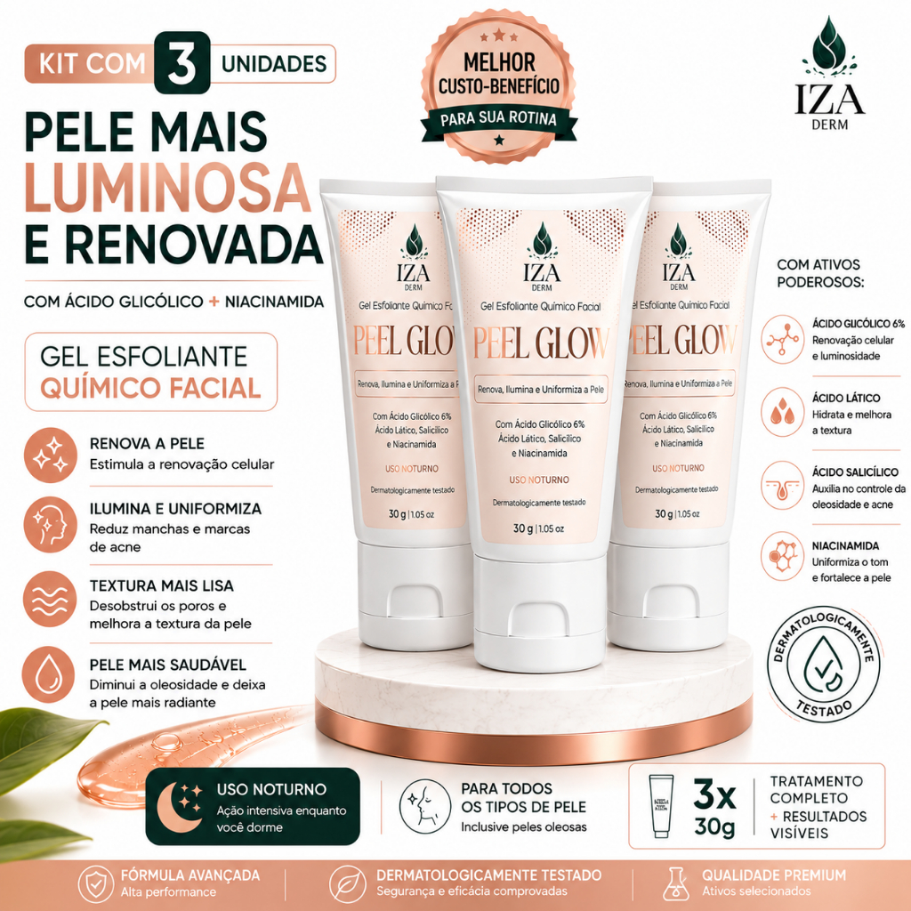 Kit 3 Gel Esfoliante Facial Peel Glow IZA Derm  Ácido Glicólico Niacinamida 30g