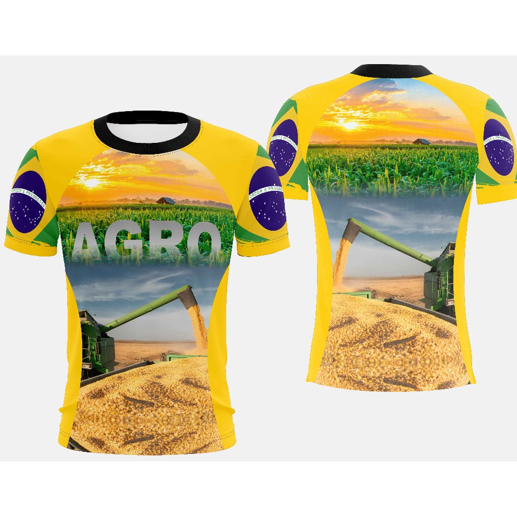 Camiseta Agro Brasil Sublimada Total Agronegócio Fazenda Colheita Soja Milho Masculina Feminina
