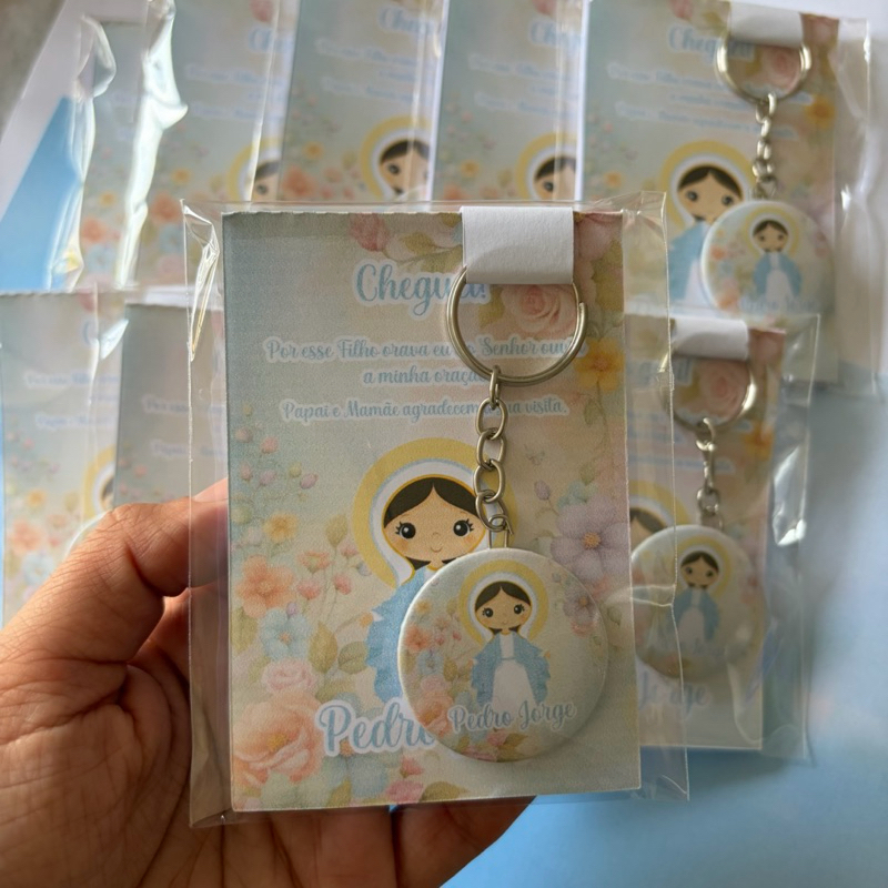kit Lembrancinha Maternidade Mãezinha do céu Menino Nossa Senhora das Graças Bloquinho+Chaveiro Personalizado Nascimento