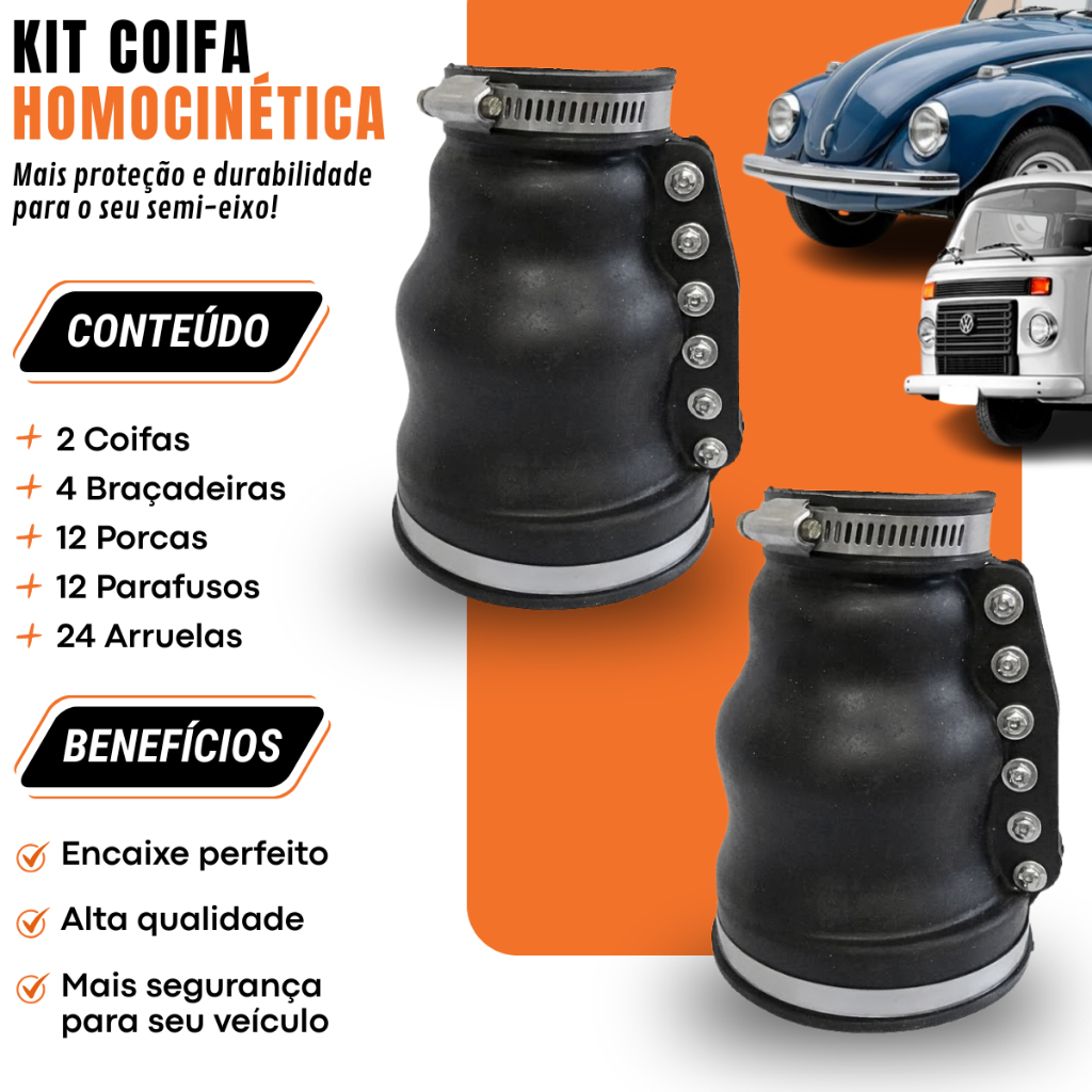Kit 2 Coifa Homocinética Semi Eixo Cambio Fusca Brasilia Variant - Com Parafusos + Braçadeiras