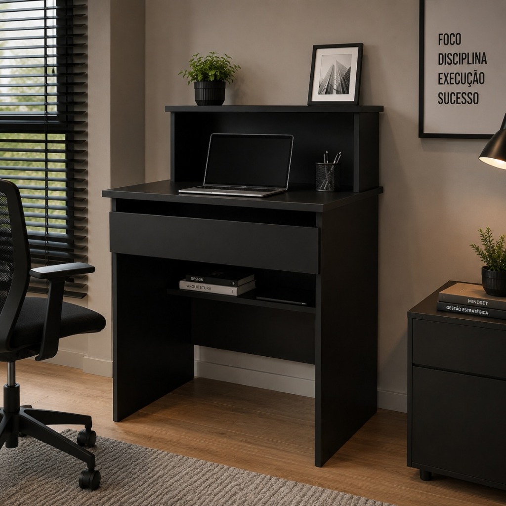 Mesa de Estudo Compacta Branca com Gaveta e Prateleira para Quarto, Escritório e Home Office