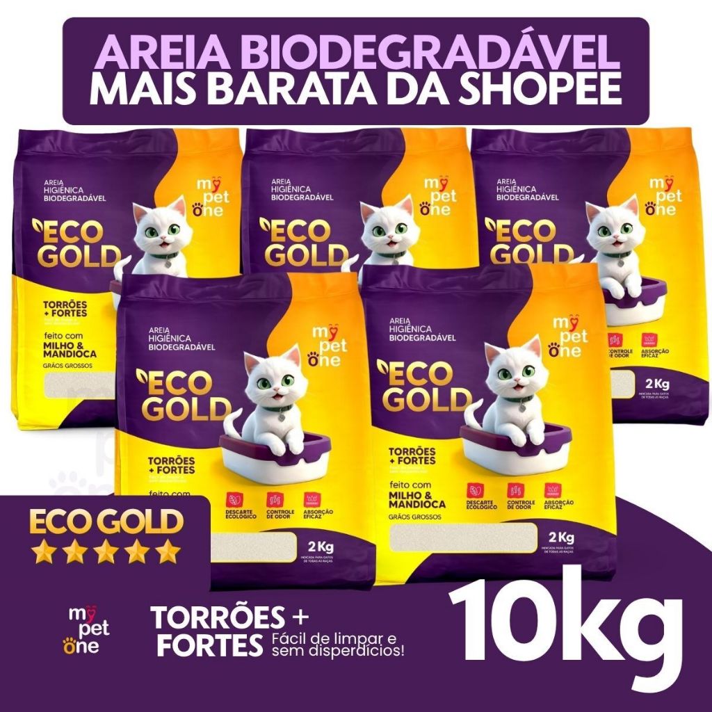 Kit 5 Areia Biodegradável Gatos Eco Gold Grossa MyPetOne 10kg