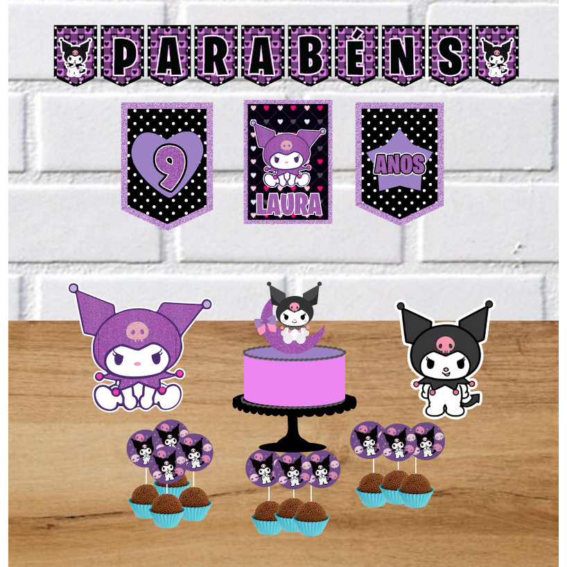 Kit Festa Personalizado Só um Bolinho KUROMI PRETO E ROXO para Mesversário ou Aniversário Infantil