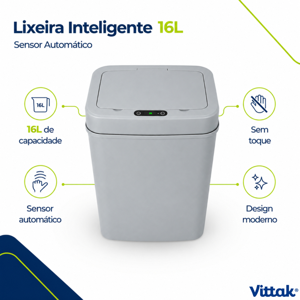 Vittak Lixeira Inteligente Com Sensor Automático 12 Litros Branca e 16 Litros Cinza Abertura Sem Toque Tampa Silenciosa