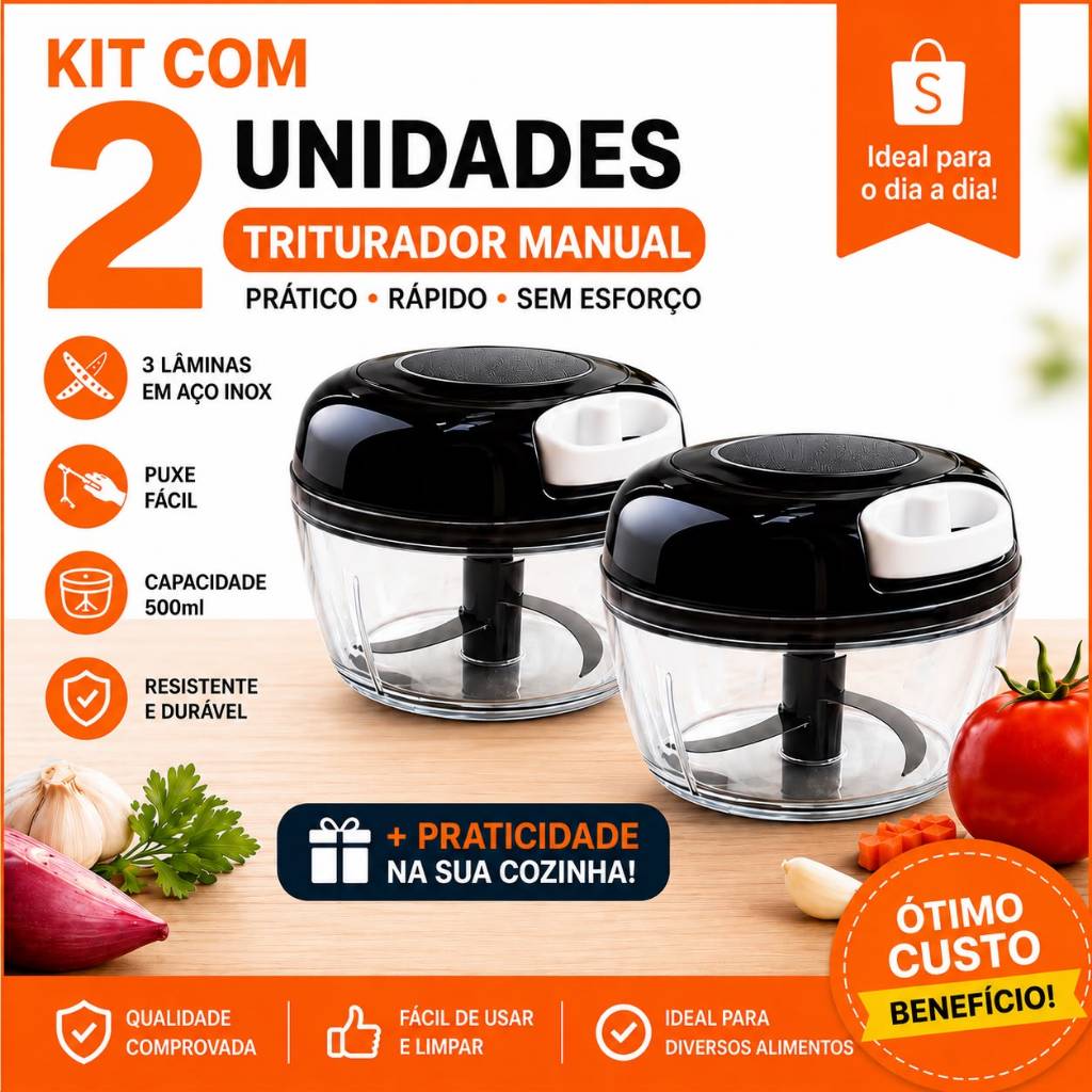 Kit Triturador Manual De Alimentos 500ml Grande Cozinha Prático Processador de  alho cebola legumes