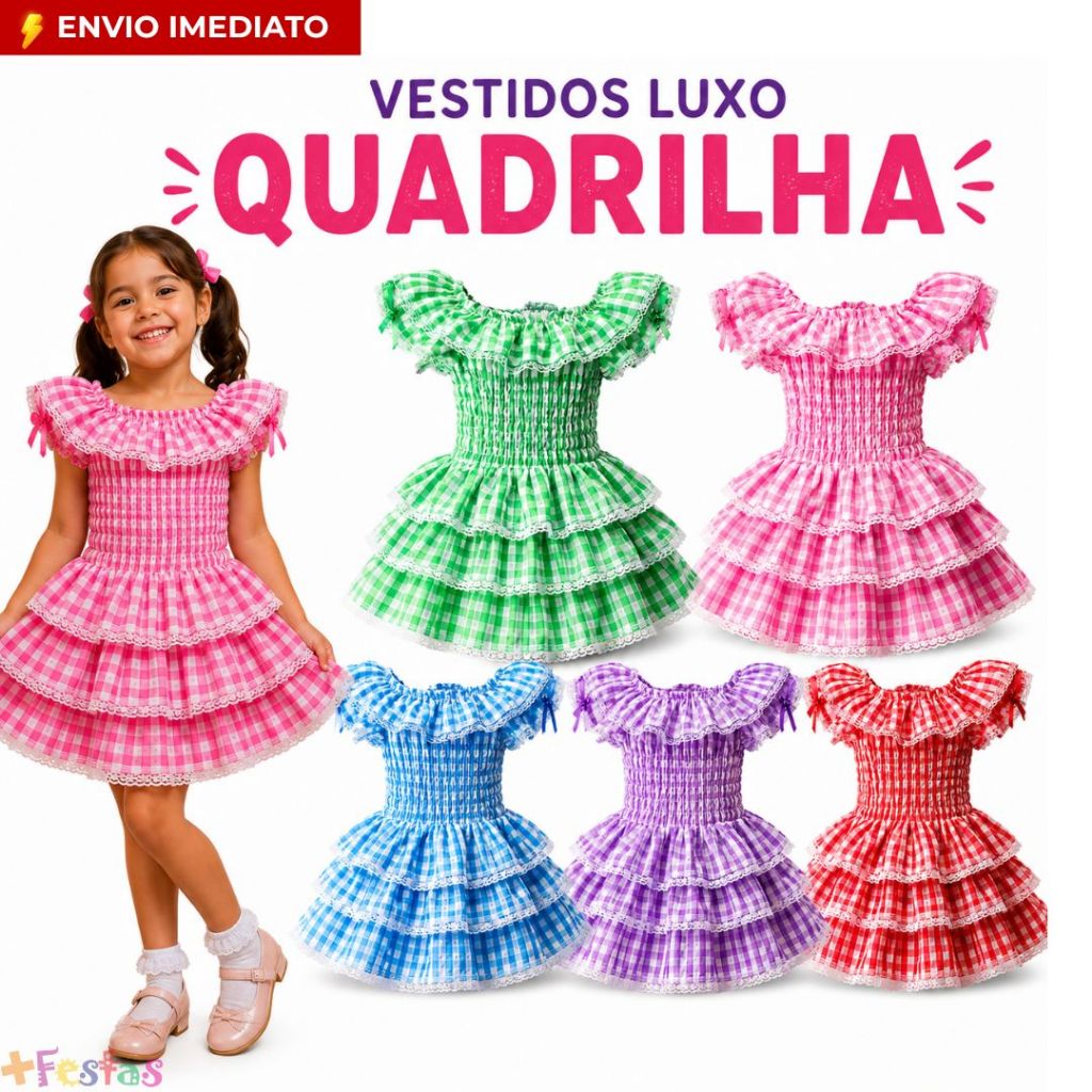 Vestido Junino Luxo Premium Infantil Quadrilha Festa Junina Xadrez Rosa Verde Lilás Vermelho Azul