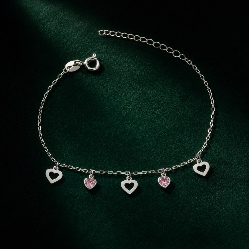Pulseira Prata 925 com Corações Vazados e Zircônias Rosa Bebê Delicadeza e Sofis