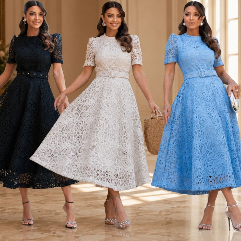 Vestido Evangélico Mídi Godê Tricô Rendado Manga Bufante Gola Alta com Cinto Elegante Modesto
