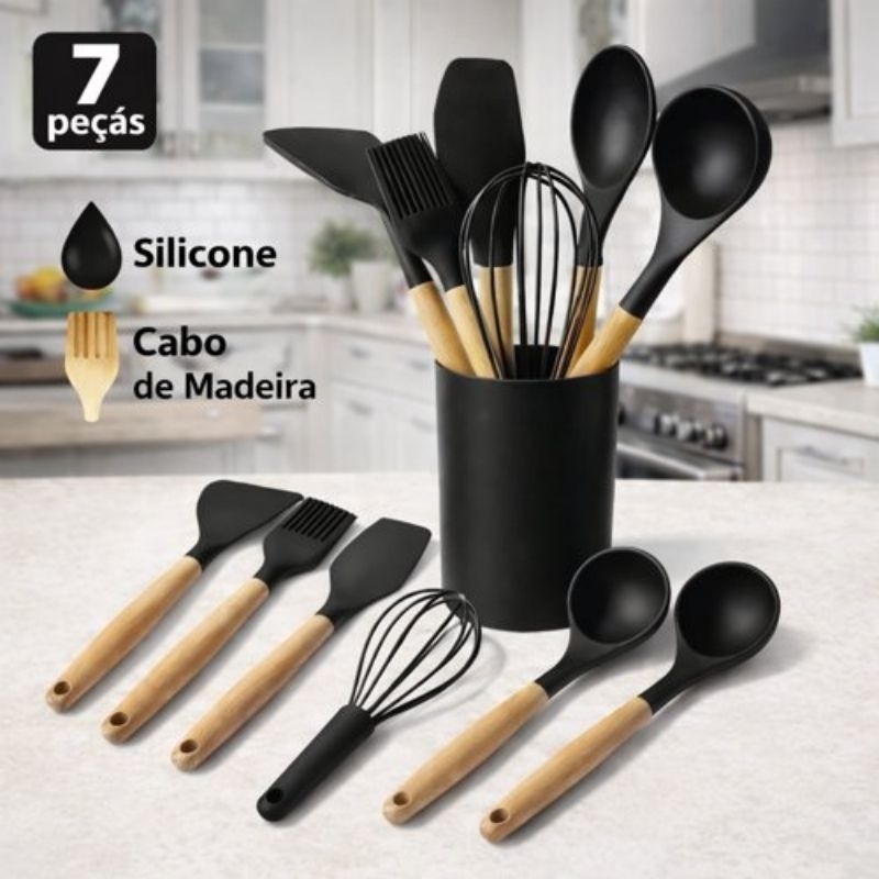 Jogo Utensílios Silicone Preto 7 Peças Cabo Madeira Bambu Antiaderente Cozinha INGA