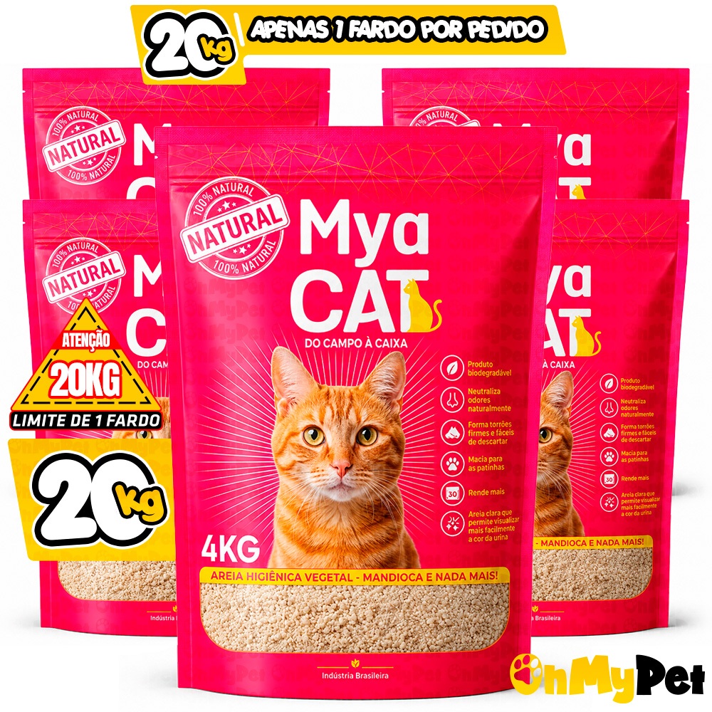 Kit 5 Pacotes Areia Sanitária de Mandioca Mya Cat 20KG Granulado Higiênico de Gato Biodegradável Torrões Firmes