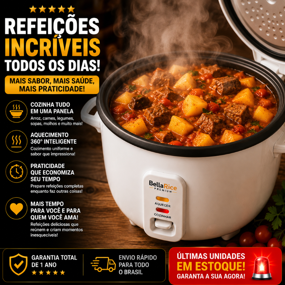 Panela de Arroz Elétrica 1,3L 127V - Branca Panela de Arroz Elétrica BellaRice Premium 1,3L 127V Branca | Cozimento Auto