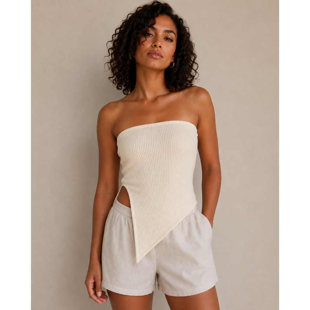 Blusa Feminina Assimétrica Tomara Que Caia Bege Elegante Com Bojo Confortável Tecido Canelado Cores