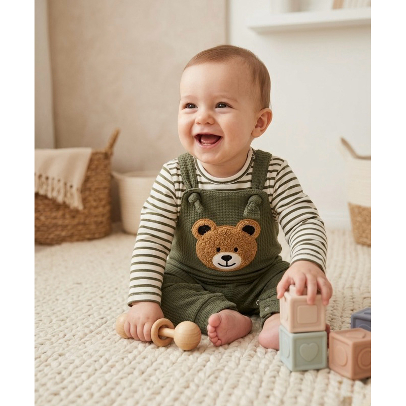 Conjunto Infantil Menino Jardineira Verde Waffle e Camiseta Listrada Moletinho