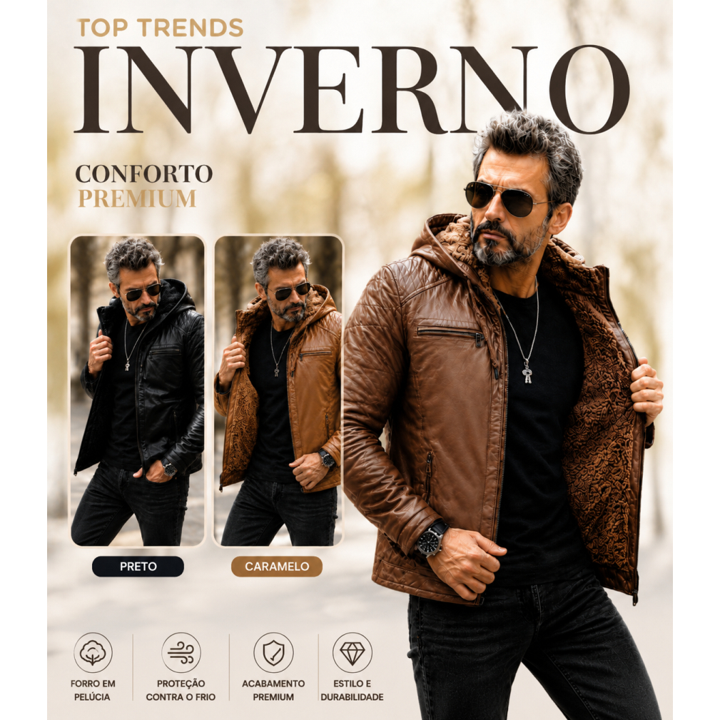 Jaqueta Couro Masculina Forrada Inverno Casaco Capuz Gola Outono Motoqueiro Casual Premium Ecologico