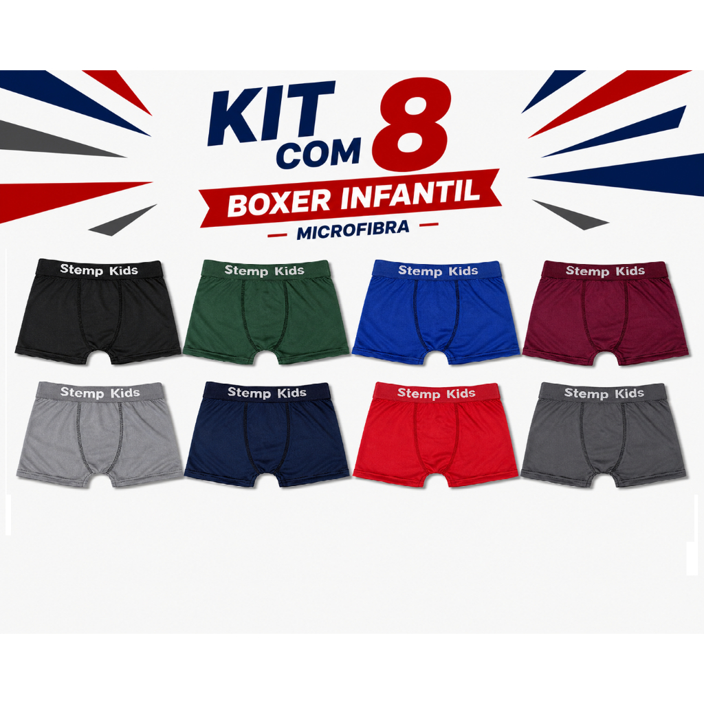 Kit com 8 Cuecas Boxer Infantil em Microfibra Lisa com Elástico Exposto Cueca Box Infanto  para Meninos.