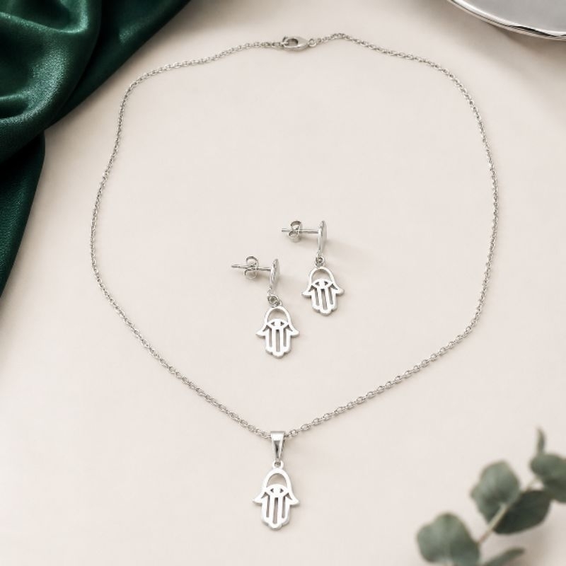 Conjunto Feminino Colar e Brinco Hamsá Mão de Fátima Aço Inoxidável Antialérgico Prata