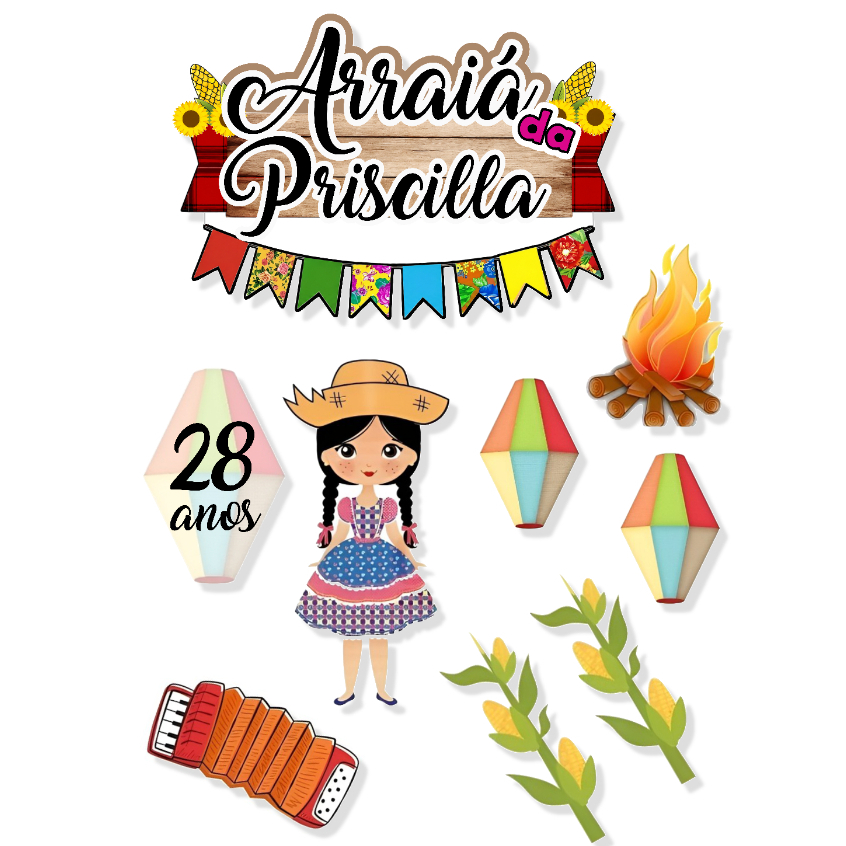 Topo Topper de Bolo Festa Junina Julina Arraia Personalizado Nome Idade 3 QP-8