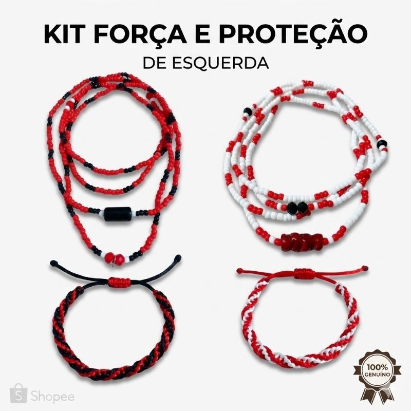 KIT FORÇA E PROTEÇÃO DE ESQUERDA 4 EM 1 | 2 Guia + 2 Pulseiras + 2 Brinde Especial | Umbanda/ Candomblé/Quimbanda/