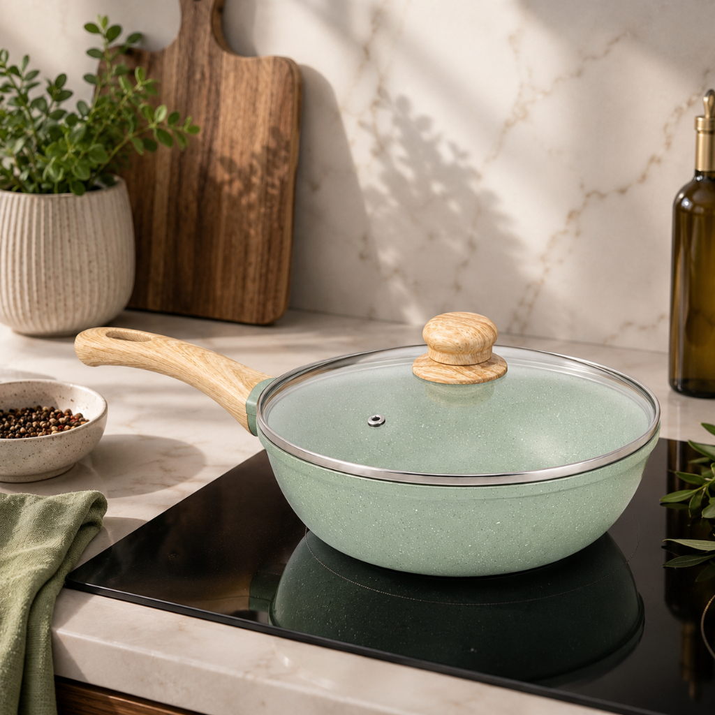 Panela Frigideira Wok Grande e Funda Com 28cm Antiaderente Cerâmica Premium Com Tampa De Vidro Indução Gás Cooktop