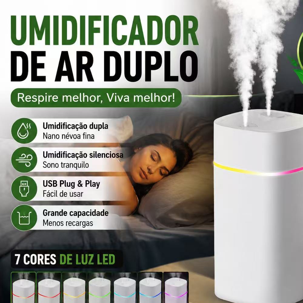 Umidificador De Ar Ultrassônico Bico Duplo ​Aromatizador De Ambiente 600ml Portátil Led Usb Funcionamento Silencioso