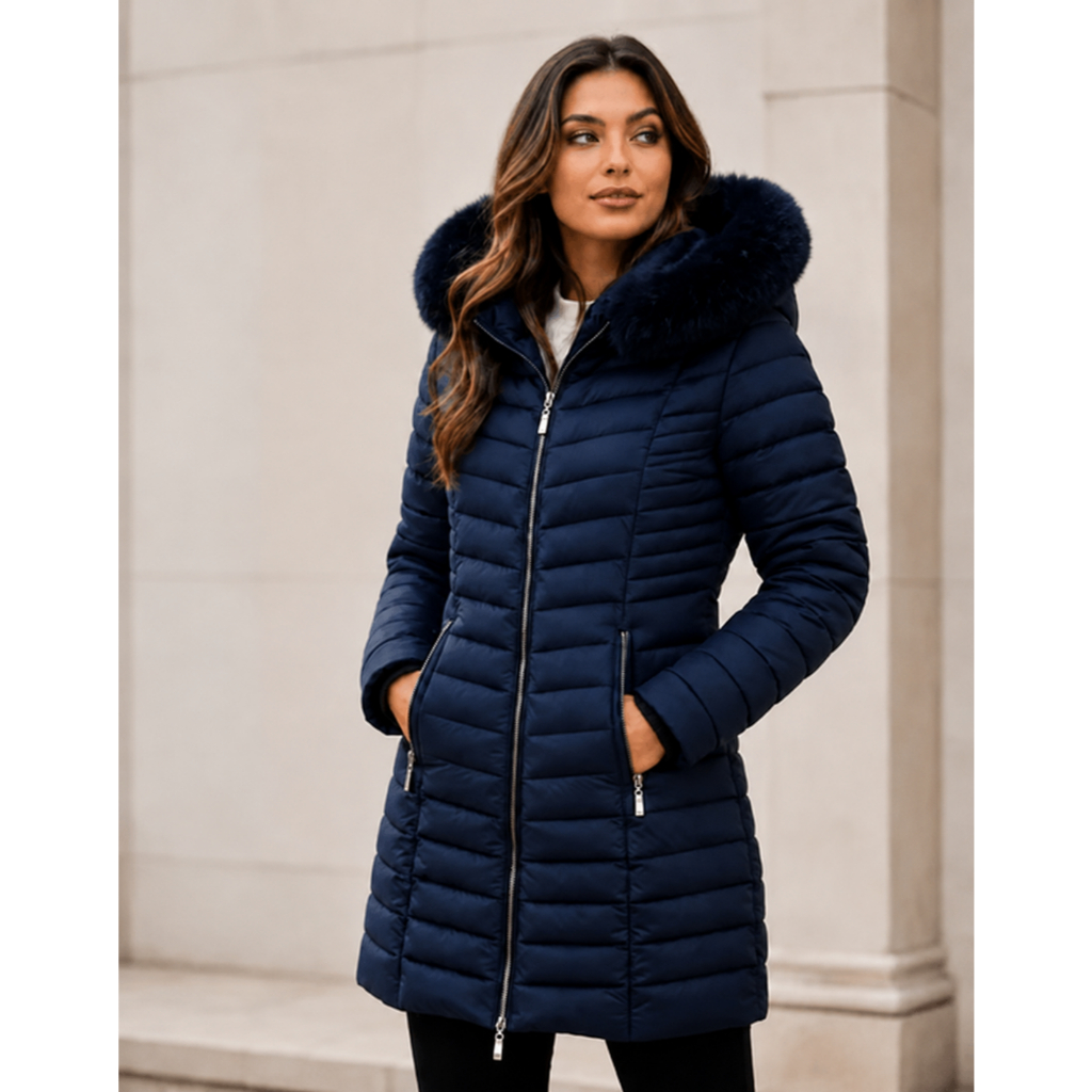 Jaqueta Feminina Longa de Inverno Parka Acolchoada com Capuz de Pelo Sintético Capuz Removivel Preta