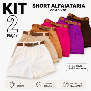 Kit 2 Shorts Alfaiataria Feminino Cintura Alta Com Bolso e Cinto