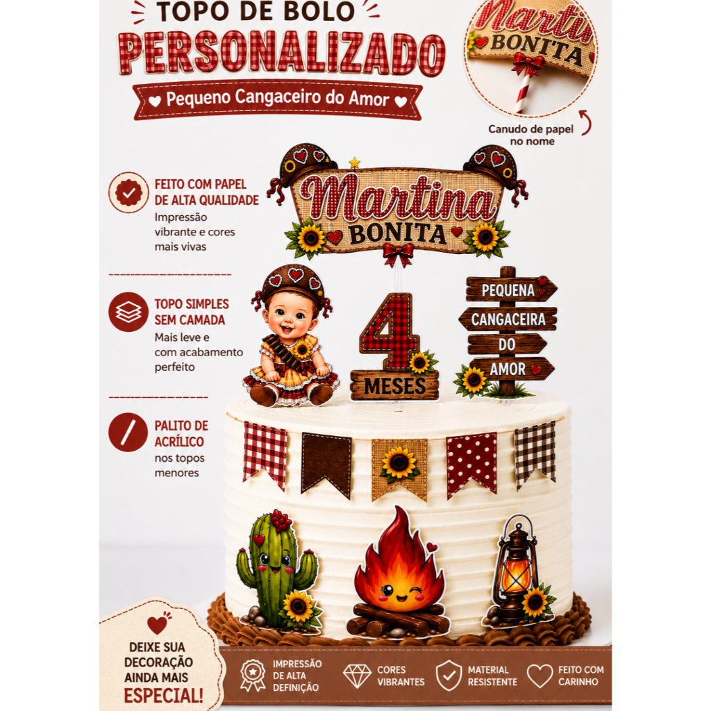 Topo de Bolo Arraiá Personalizado Maria Bonita Lampião Cangaceiro Nome e Idade Festa Junina