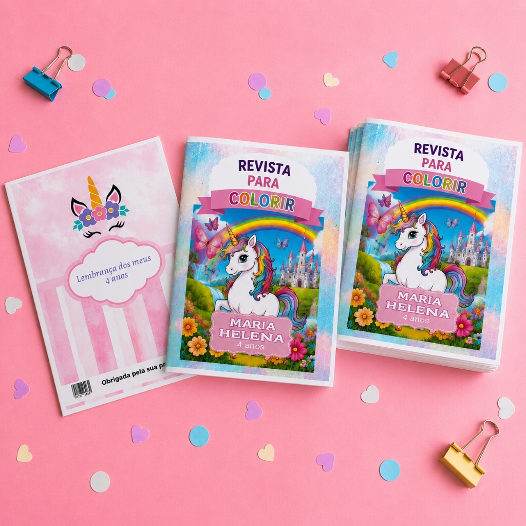 Revista Para Colorir Personalizada Nome e Idade Lembrancinha Infantil Todos os Temas, Livro para colorir Unicórnio brind