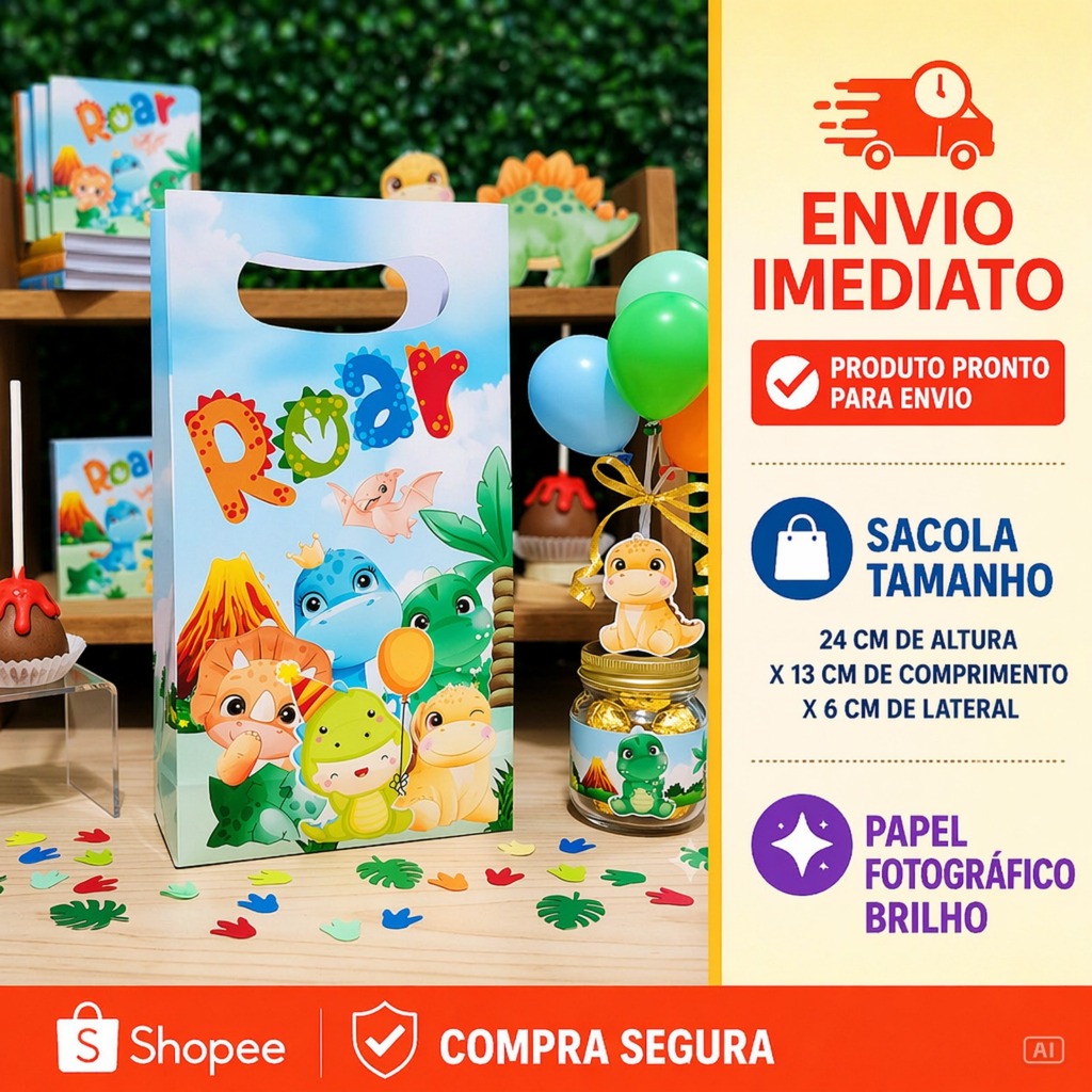 Sacolinha Personalizada Dinossauro Baby | Sacola Surpresa Festa Infantil | Lembrancinha Dinossauro | ENVIO IMEDIATO