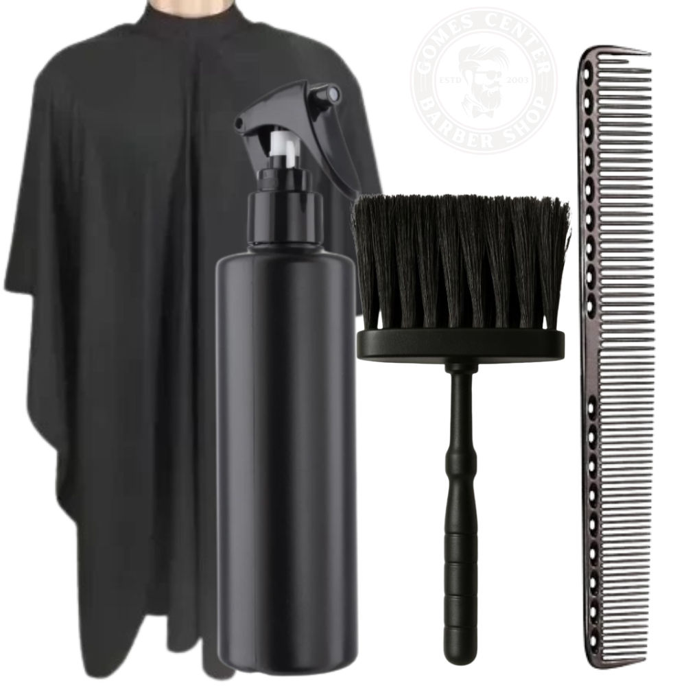Kit Barbeiro Profissional Completo – Capa de Corte + Borrifador + Espanador Fígaro + Pente Carbono