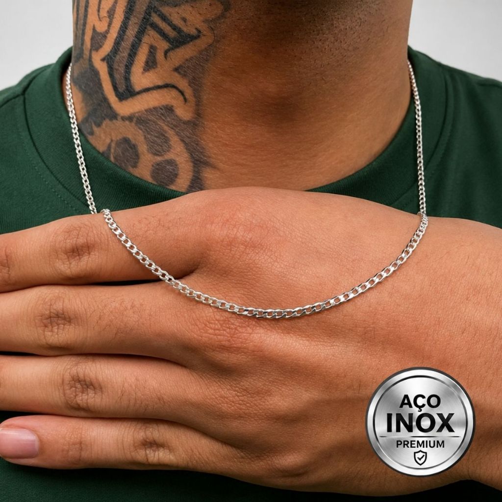 Corrente Masculina Grumet Aço Inox 60cm 3mm Prata Brilhante Antialérgica Não Escurece