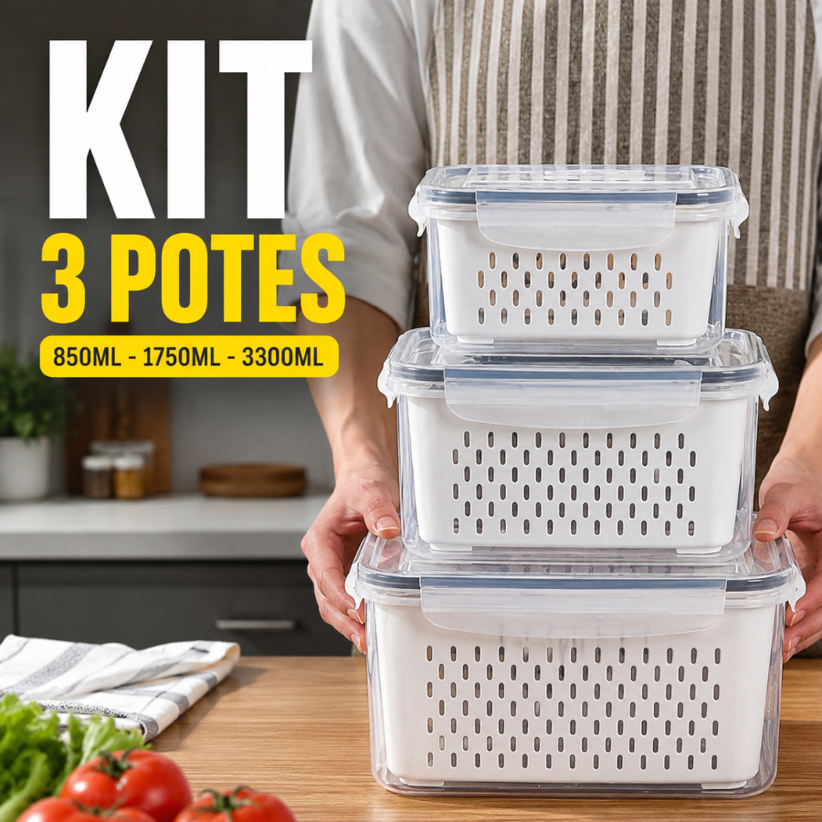 Organizador com 3 Potes Herméticos De Geladeira para Frutas Alimentos Inclui Cesto Tampa