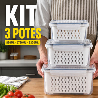 Organizador com 3 Potes Herméticos De Geladeira para Frutas Alimentos Inclui Cesto Tampa