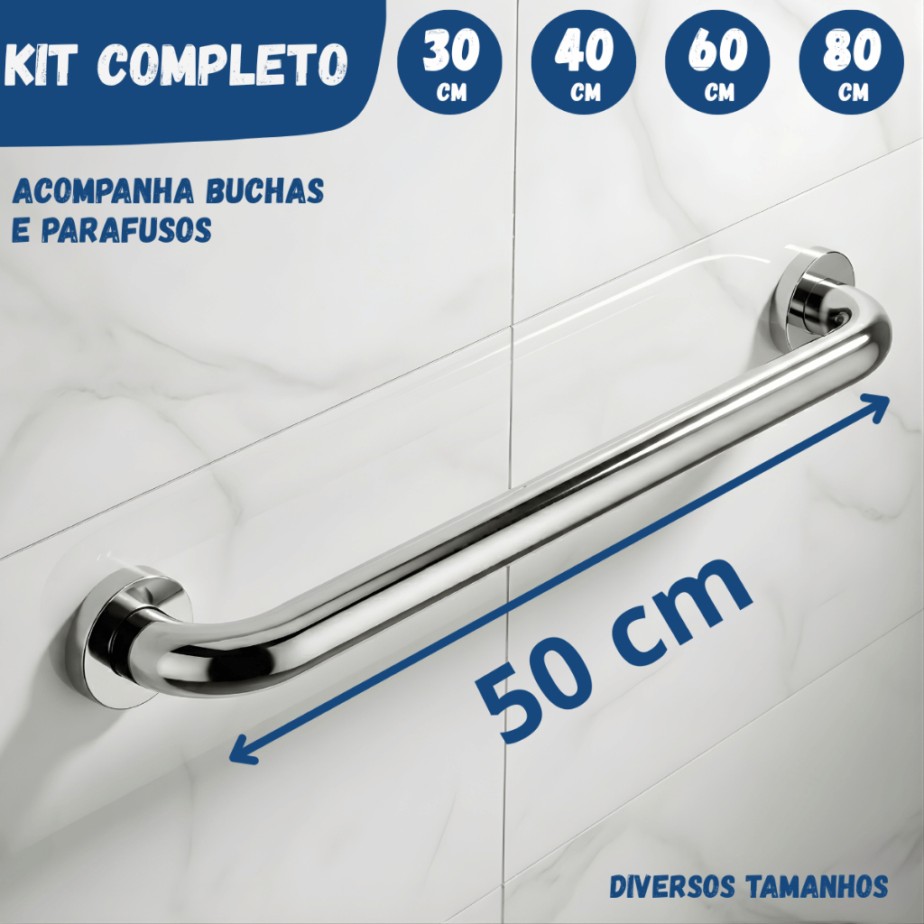 Barra Apoio 40 60 80cm Antiqueda Inox Banheiro Escada Corrimão Acessibilidade Suporte Idoso Alça PCD