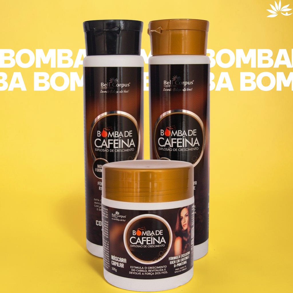 Shampoo e Condicionador Bomba Cafeína Kit com Máscara de Cabelo Crescimento e Força - BellCorpus