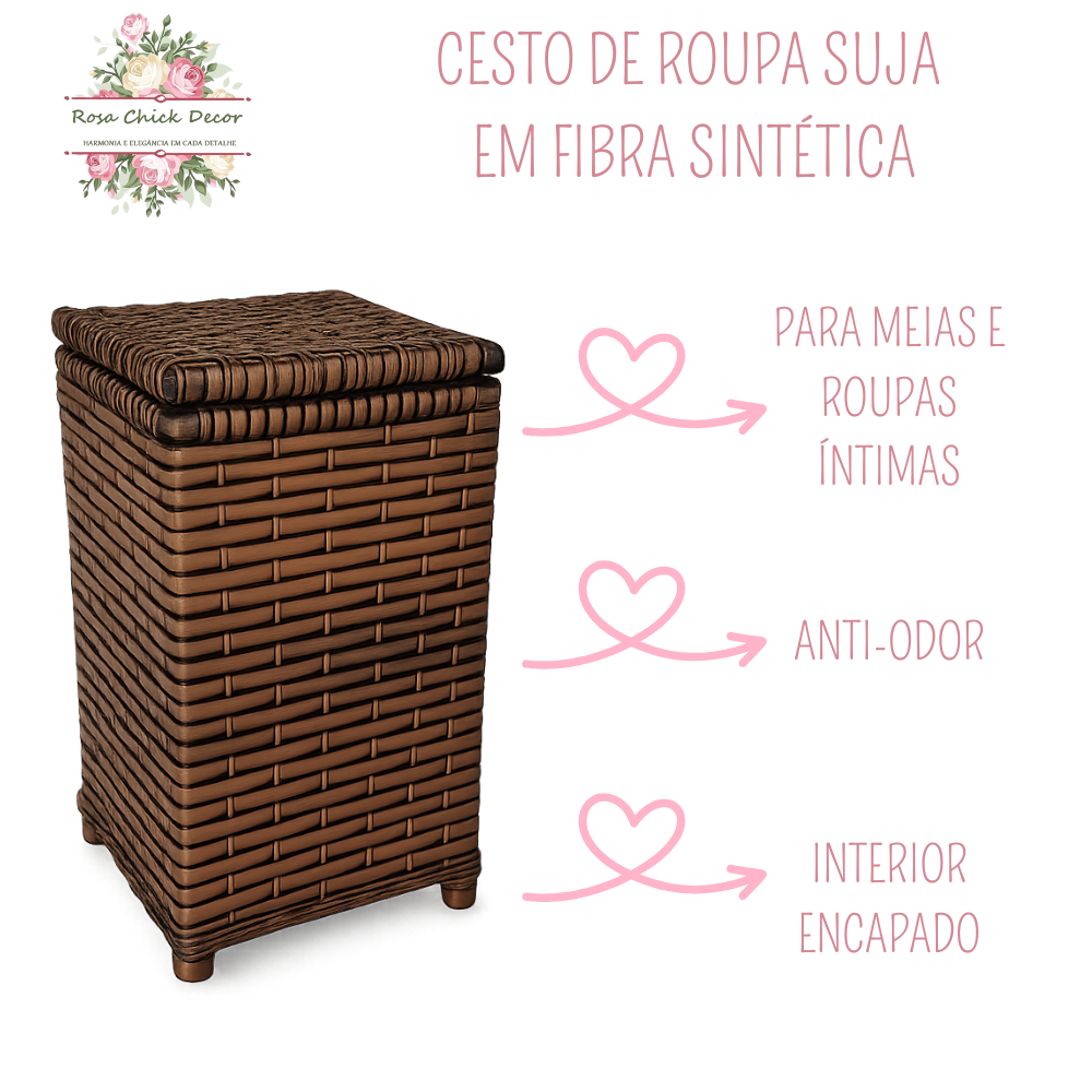 Cesta de Roupas Suja Fibra Sintética 24x24x40 Banheiro Quarto Meias Roupas Íntimas Organizador Luxo